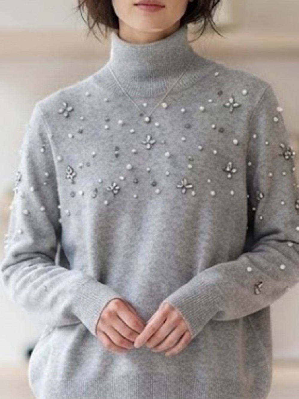 Laura Petites Rhinestone Pearl Mock Turtleneck Sweater Size Medium New Grey